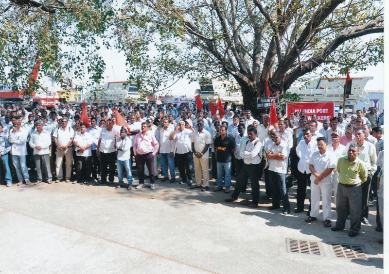 Dock workers protest outside Mumbai Port Trust