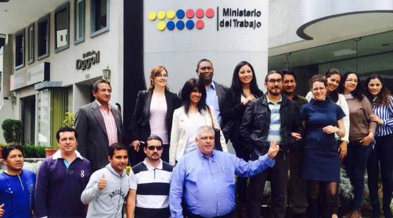 Union leaders outside the  Ministry of Labour, Ecuador