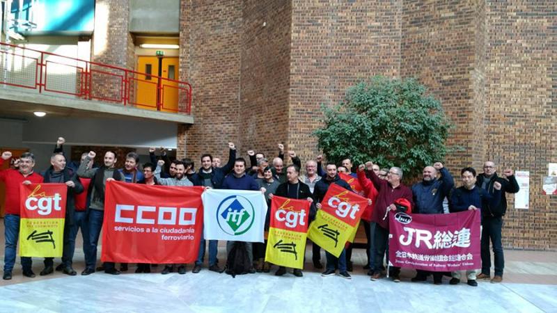 International trade unionists with members of the CGT federation railways section