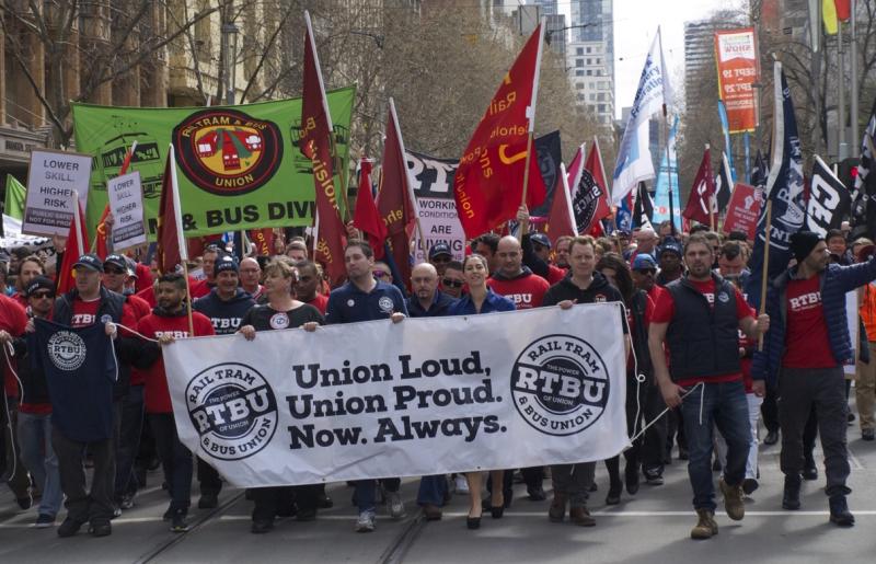 Hundreds of RTBU members marched through Melbourne in support of the train and tram workers