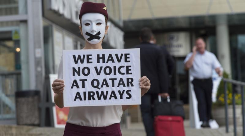 The cabin crew member was protesting outside a London airline show