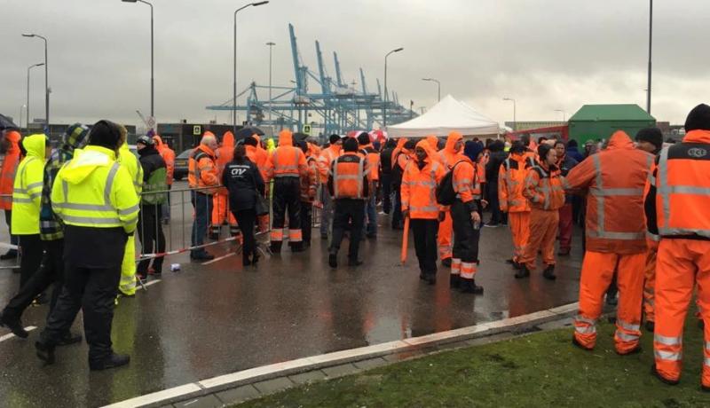 Hundreds of Dutch dockers braved the rain on the picket line