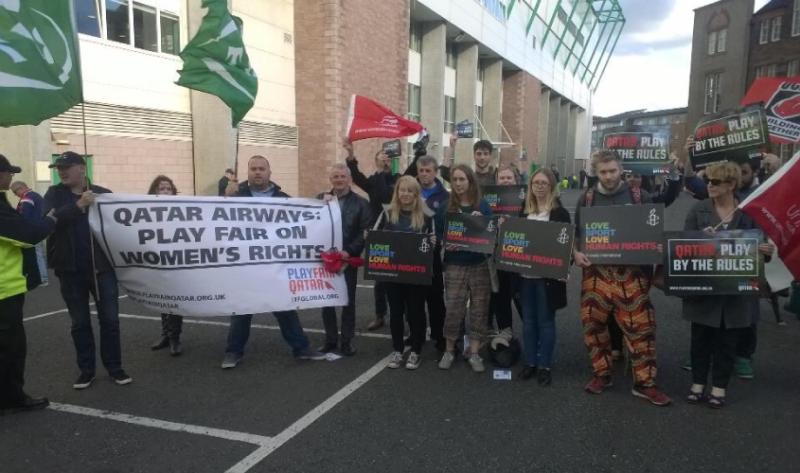 Protest against Qatar Airways at recent Qatar vs Scotland footbal match